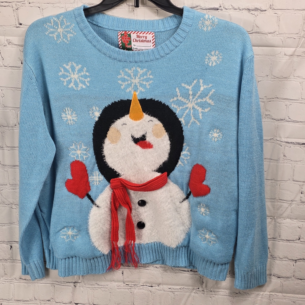 Blue Star Clothing Co. Sweater Womens XL Blue Snowman‎ Pom Pom Lined Acrylic